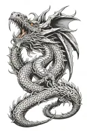 long dragon climbing up breathing fire out of his mouth tattoo design idea