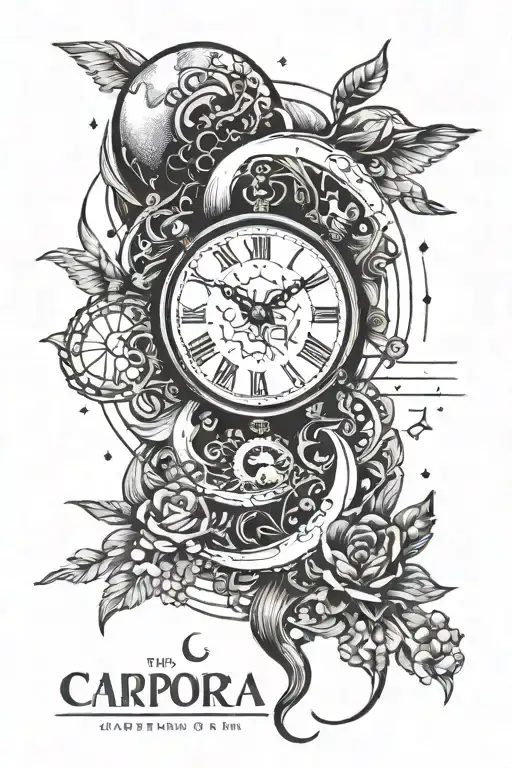 Clock with 12:00 AM as main focus. With the moon, the sun and the earth, with a small capricorn sign tattoo design idea