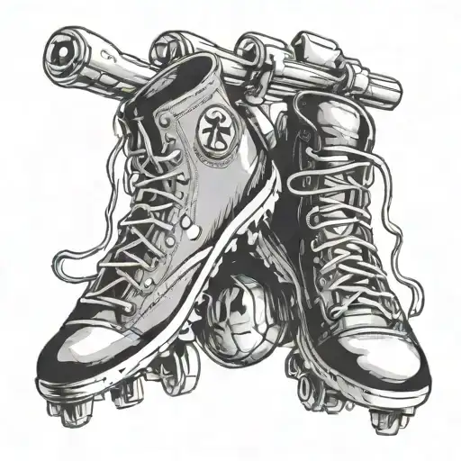 soccer cleats dangling from a rear view mirror with a Rolling Stones pin in the cleats  tattoo design idea