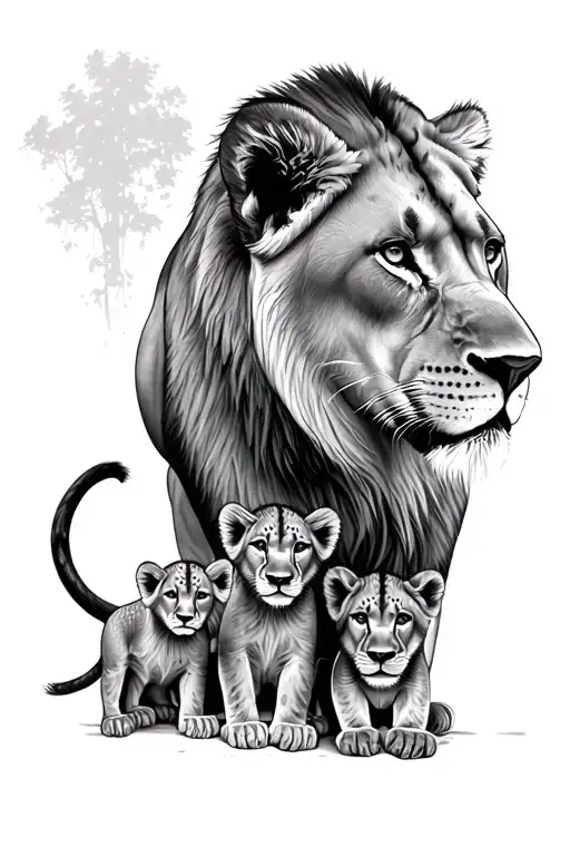 lioness with 6 cubs  tattoo design idea