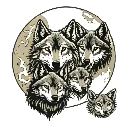 two adult wolf faces in a full moon watching over three pups  tattoo design idea