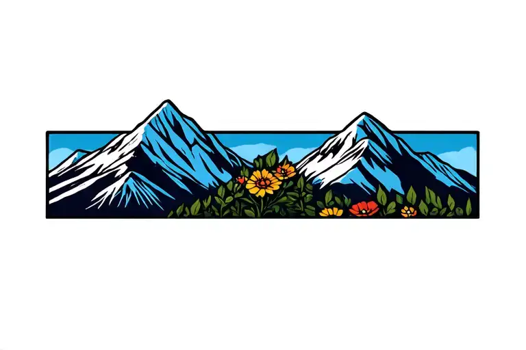 Mountains and flowers tattoo design idea