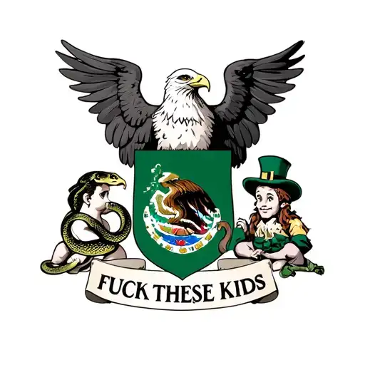 A coat of arms that includes a mexican eagle with a snake and with a leprechaun and, fuck these kids written in Latin  tattoo design idea