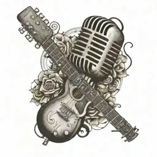 A tattoo of a vintage microphone surrounded by music notes and a guitar tattoo design idea
