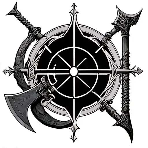 Chest: Large symbolic centerpiece combining battleaxe and sniper crosshair.Arms: Right arm for Ouroboros + battleaxe; tattoo design idea