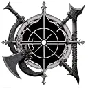 Chest: Large symbolic centerpiece combining battleaxe and sniper crosshair.Arms: Right arm for Ouroboros + battleaxe; tattoo design idea