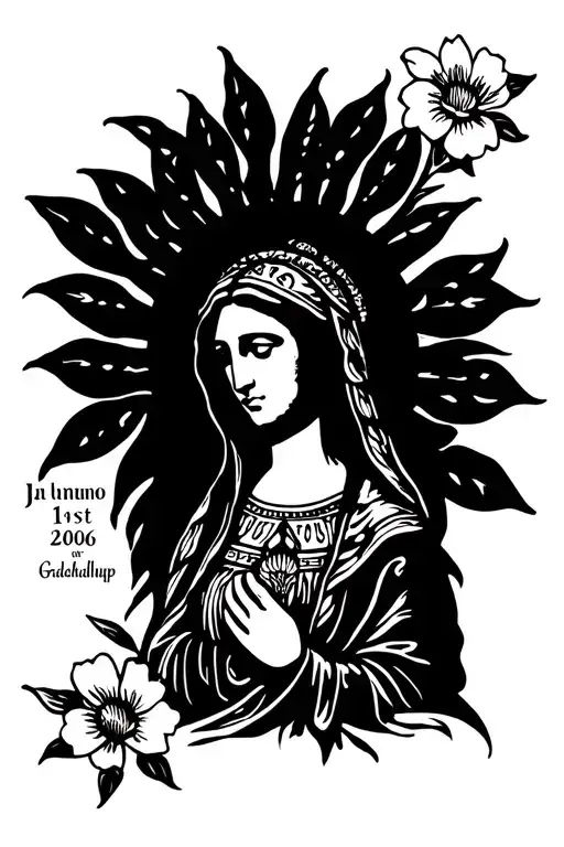 the virgin of Guadalupe with a couple of flowers and birthdate of june 1st 2006 in roman numeral  tattoo design idea