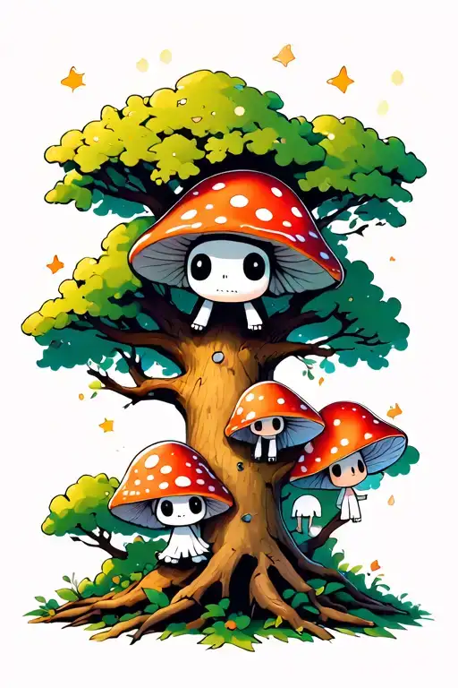 4 kodama studio ghibli; 2 under a tree, 1 on a branch, 1 kodama climbing above the 1st. all wearing dif mushroom hats tattoo design idea