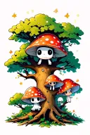 4 kodama studio ghibli; 2 under a tree, 1 on a branch, 1 kodama climbing above the 1st. all wearing dif mushroom hats tattoo design idea