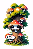4 kodama studio ghibli; 2 under a tree, 1 on a branch, 1 kodama climbing above the 1st. all wearing dif mushroom hats tattoo design idea