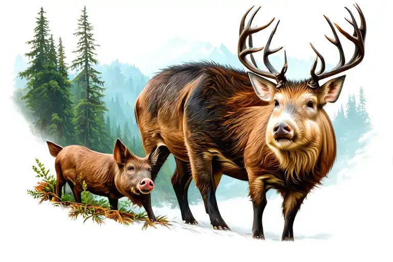 wild pig and deer in the New Zealand forest scene tattoo design idea
