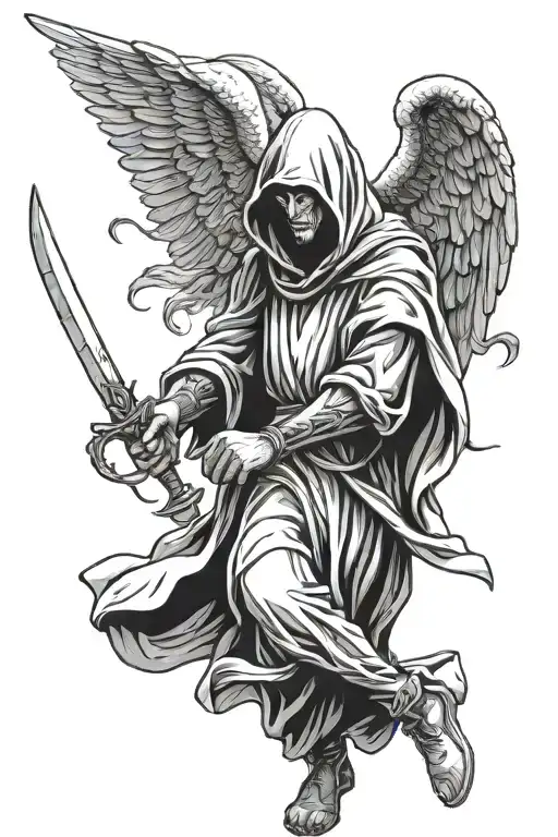 An angel in a robe, with a hood on his head. With a sword in his left hand and a torch in his right. Fights a legion of demons. tattoo design idea