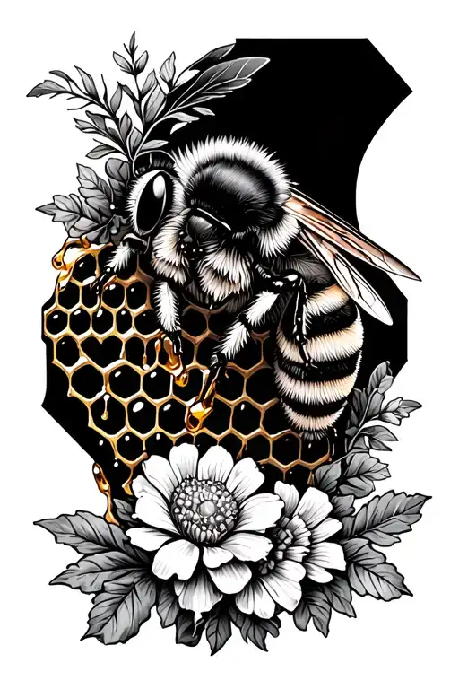 A detailed tattoo of a honeybee sitting on a honeycomb that is dripping with honey. surrounded by flowers and foliage tattoo design idea