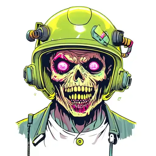 Electrician zombie with helmet with neon details from head to toe tattoo design idea
