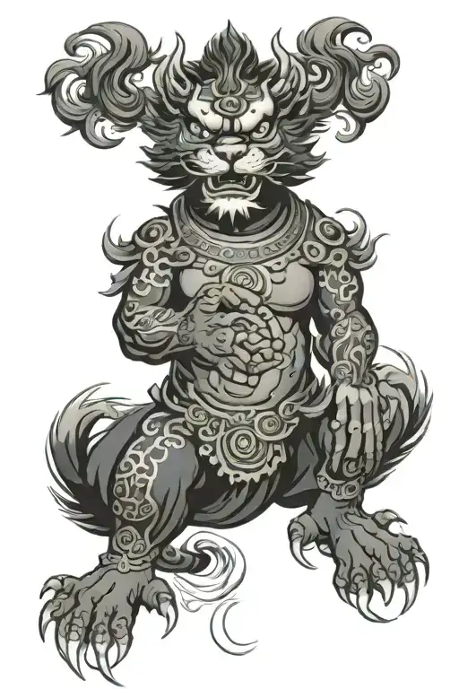 savage looking male foo dog,  with right paw on a cub foo dog,   left paw on a ball,  include water, wind, wave elements tattoo design idea