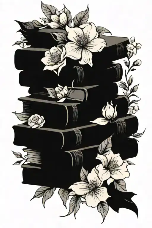 stack of books surrounded by florals tattoo design idea