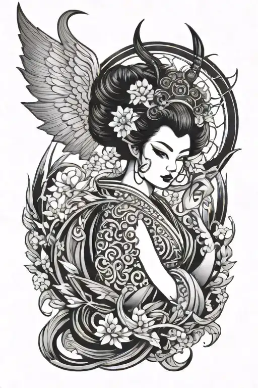 Geisha devil wings tattoo design idea