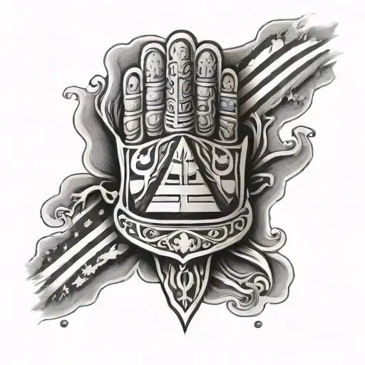 Assyrian flag intertwined with American flag wrist sleeve lamasa and hamsa hand tattoo design idea