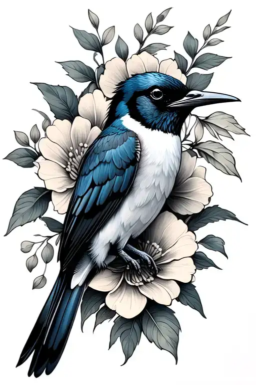 raven humming bird barn swallow with floweres tattoo design idea