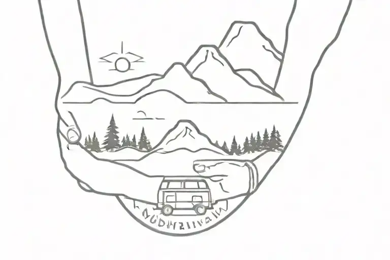wristband consisting of a heartbeat, mountain and a campervan  tattoo design idea