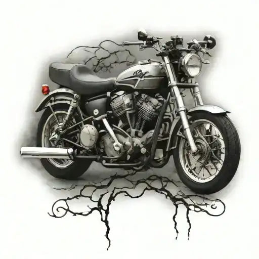 create a realistic black and grey full sleeve about AC/DC with a lightning strike and a harley davidson v twin engine tattoo design idea