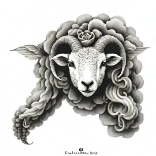 cute symmetrical lamb face made with fine line clouds tattoo design idea