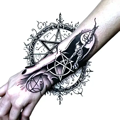Underside of the wrist (cover-up of the existing tattoo) • Motif: shadowy, mystical witch and Wicca symbols tattoo design idea