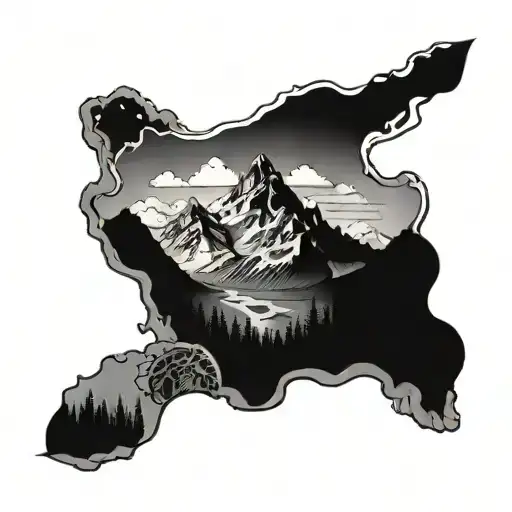 A mountain range with hidden gaming symbols and movie references tattoo design idea