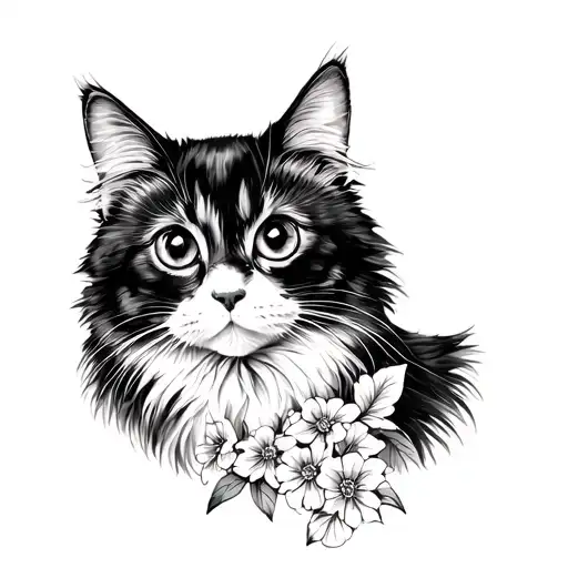 a memorial tattoo piece of a fluffy black cat with big eyes. Have it be floral blending into the fluff tattoo design idea