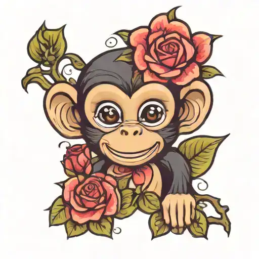 cute cartoon monkey peeking out of rose petals tattoo design idea