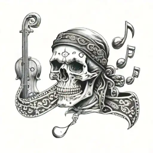 A skull wearing a bandana with musical notes as tattoos tattoo design idea