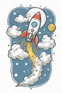 rocket flying with dollar signs and music notes flowing tattoo design idea