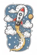 rocket flying with dollar signs and music notes flowing tattoo design idea