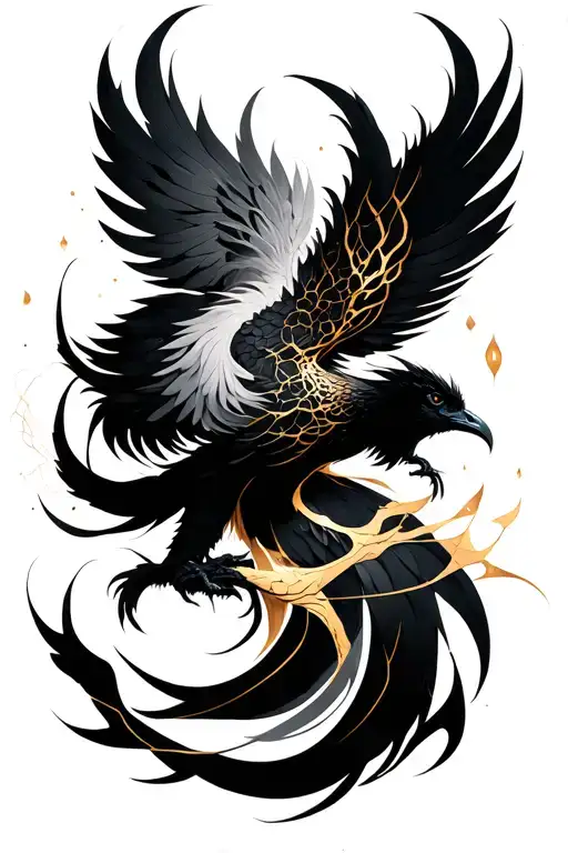 Kintsugi phoenix tattoo, black-white-grey with golden lines tattoo design idea