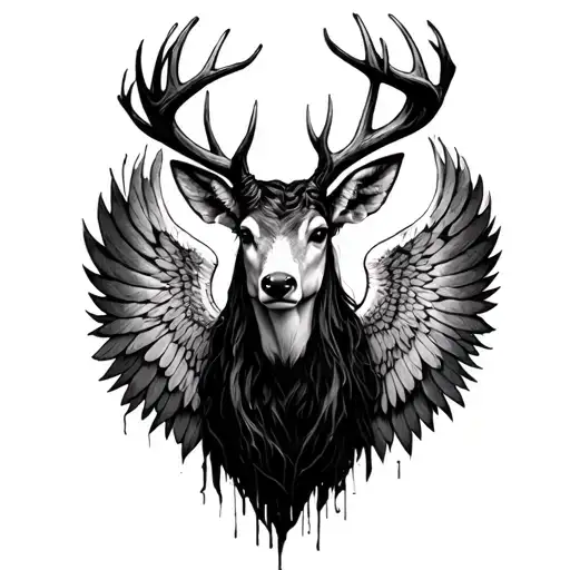 a winged, deer-like forest spirit with a blank face & hollow eyes. appears gentle but casts a human shadow—quietly eerie tattoo design idea