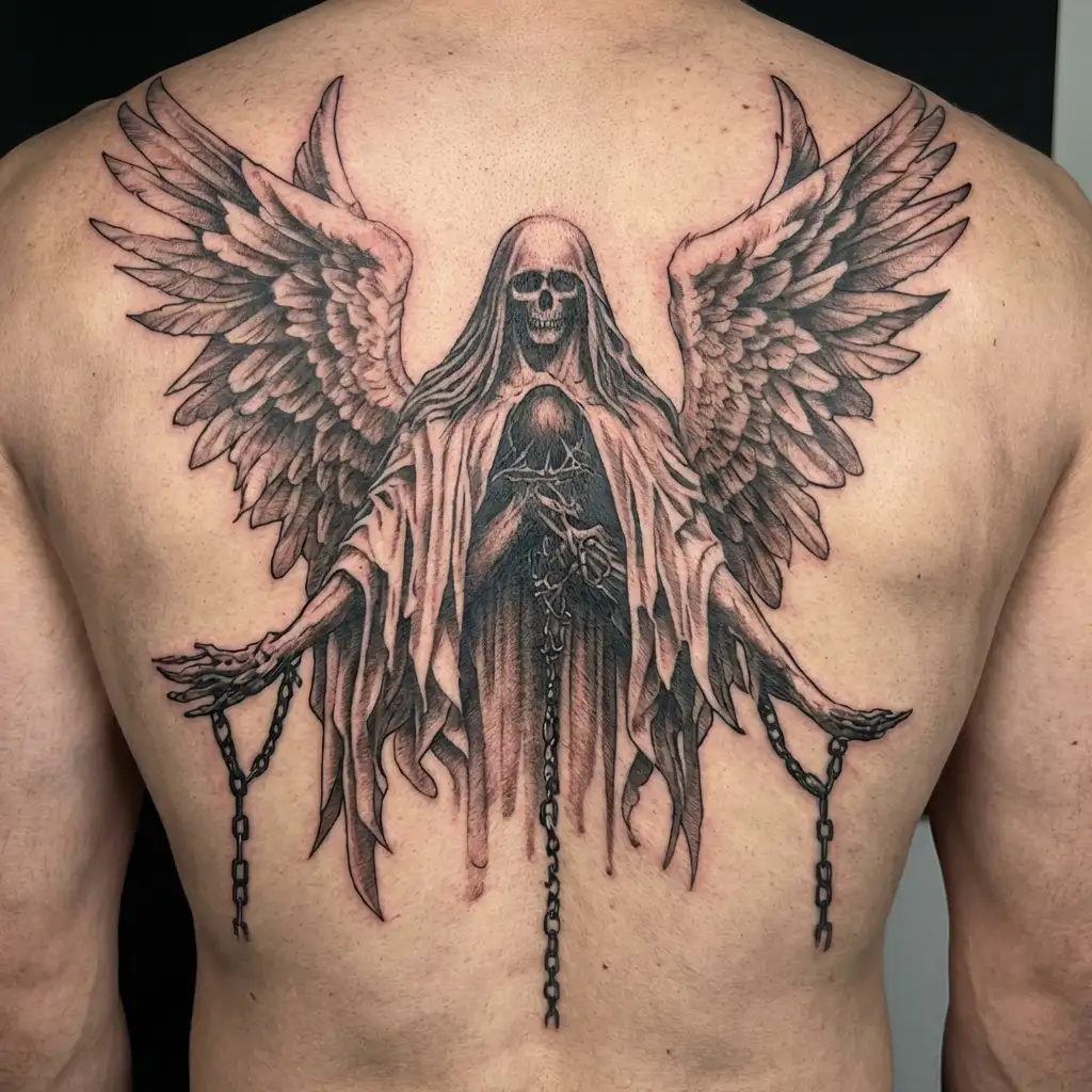 azrael, angel of death, chains tattoo design idea