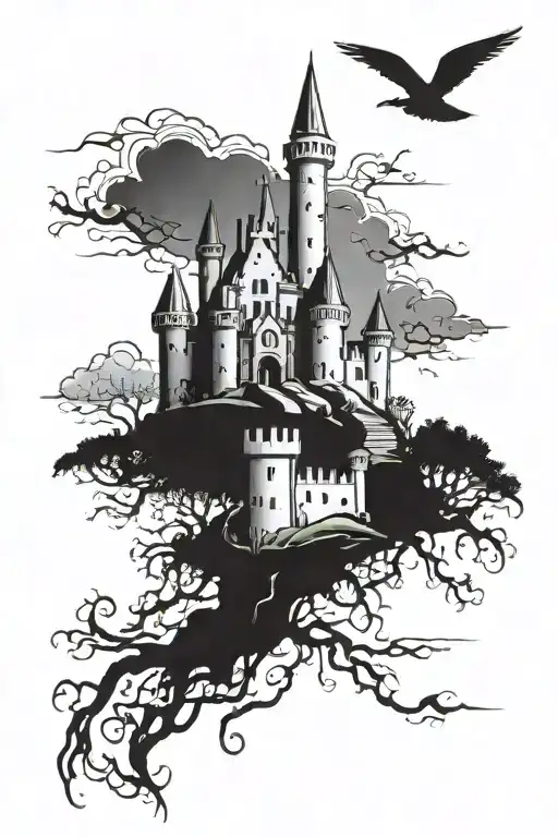 Castle with sky and grave yard tattoo design idea
