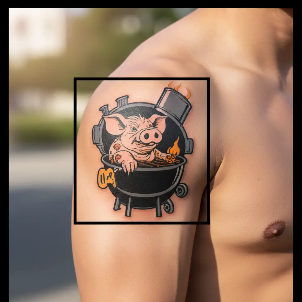 Metallic pig grilling Texas BBQ tattoo design idea