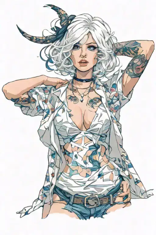 Sexy girl, Huge boobs, cleavage, petite, pure white eyes, torn clothing, short white bob hairstyle, waist up view  tattoo design idea