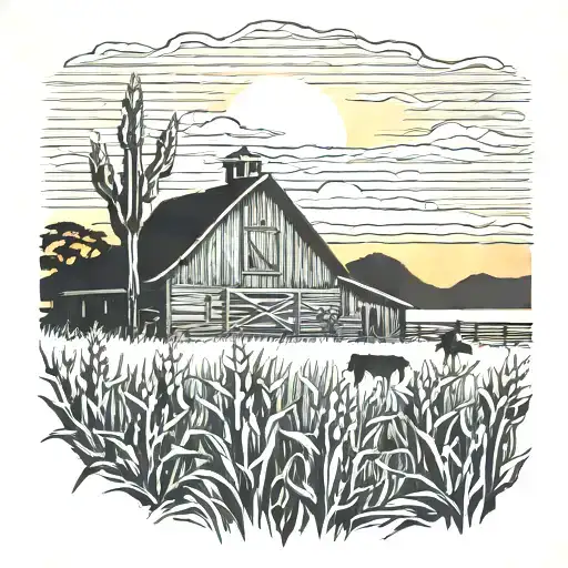 old barn sunset scene  corn stalk framing scene cowboy silhouette tattoo design idea