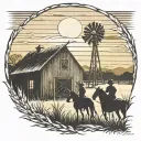 old barn sunset scene  corn stalk framing scene cowboy silhouette tattoo design idea