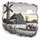 old barn sunset scene  corn stalk framing scene cowboy silhouette tattoo design idea