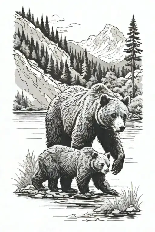 mama bear and cub with lake como in the background  tattoo design idea