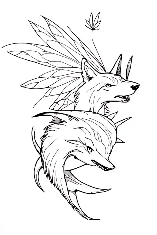 a black reef shark and a Wolf and a fairy  tattoo design idea