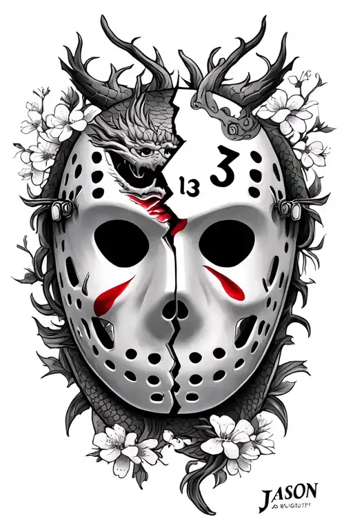 half of a broken Friday the 13th mask with  Japanese dragon the word 'JASON' And the number 13 and cherry blossoms  tattoo design idea