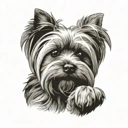 Yorkshire terrier scetch side view holding its paw up to a hand tattoo design idea