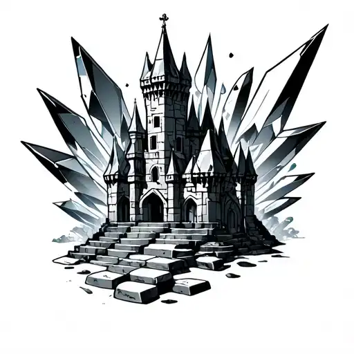 castle made of crystal shards with playing cardxstepstones tattoo design idea
