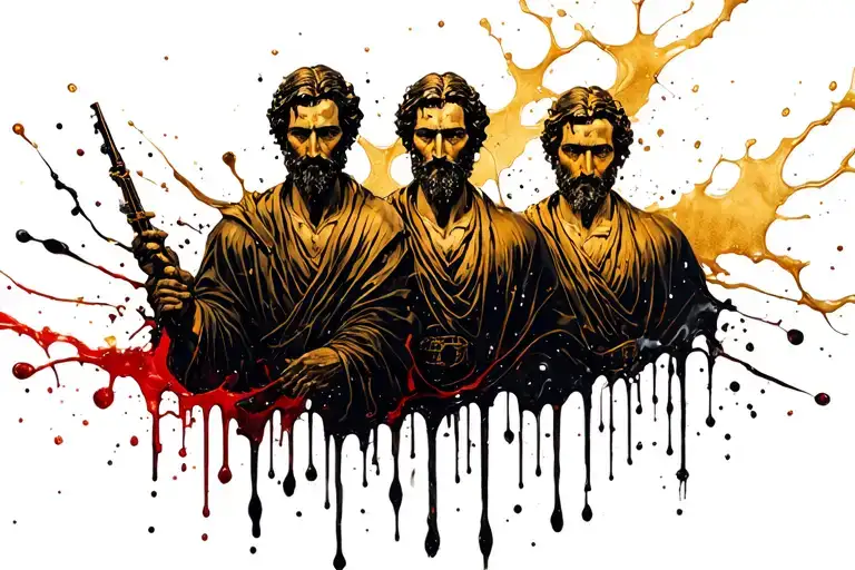 Stylized image: black silhouette antique ink on incomplete golden fluid background: three men of biblical times tattoo design idea