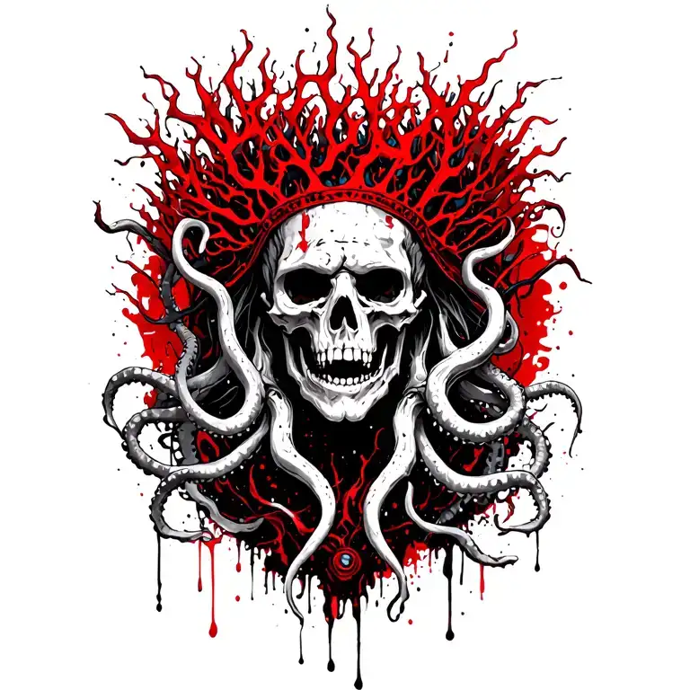 King Of Bones With A Coral Crown, Hades 2 Style, Eldritch, Tentacles, Lovecraftian, Deep Sea background, seaweed tattoo design idea