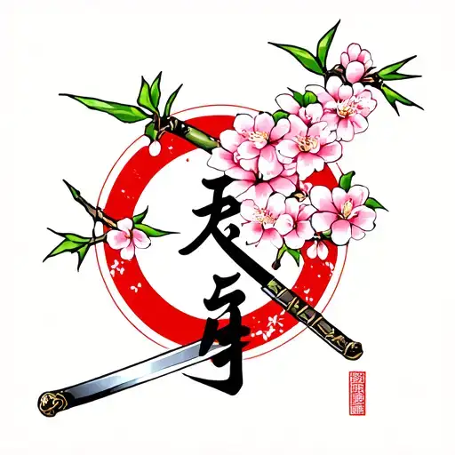 Japanese writing with samurai sword and cherry blossoms and bamboo tattoo design idea